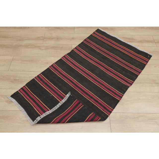 1980s Tribal Black Striped Kilim Small Rug For Sale In Sacramento - Image 6 of 13