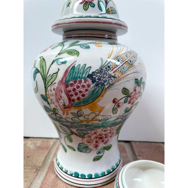 Traditional Hand Painted Majolica Jars From Portugal With Birds & Flowers - Set of 2 For Sale - Image 3 of 12