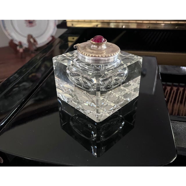 Vintage Cut Crystal Inkwell W/Brass Lid and Red Gemstone For Sale - Image 9 of 12