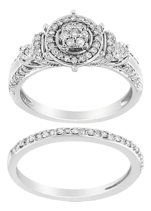 .925 Sterling Silver 1/3 Cttw Diamond 7 Stone Cluster and Halo Engagement Ring and Wedding Band Set (I-J Color, I1-I2 Clarity) - Size 9