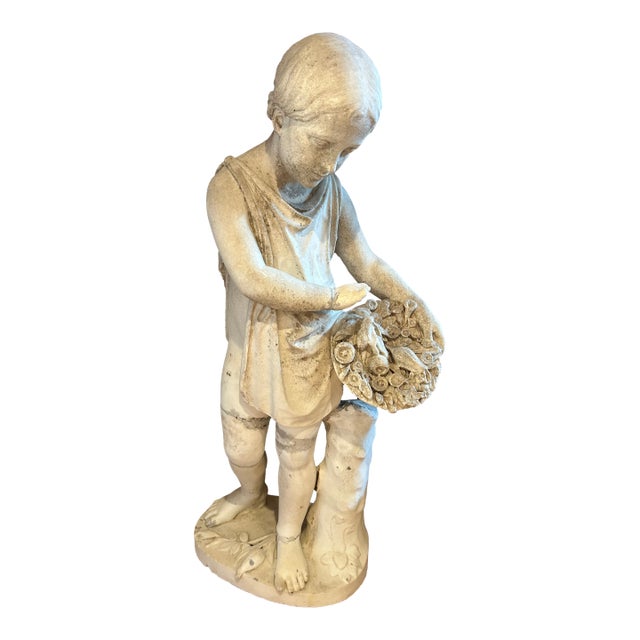 Emil Wolff Carved Marble Child Young Girl Flower 1800s Sculpture For Sale