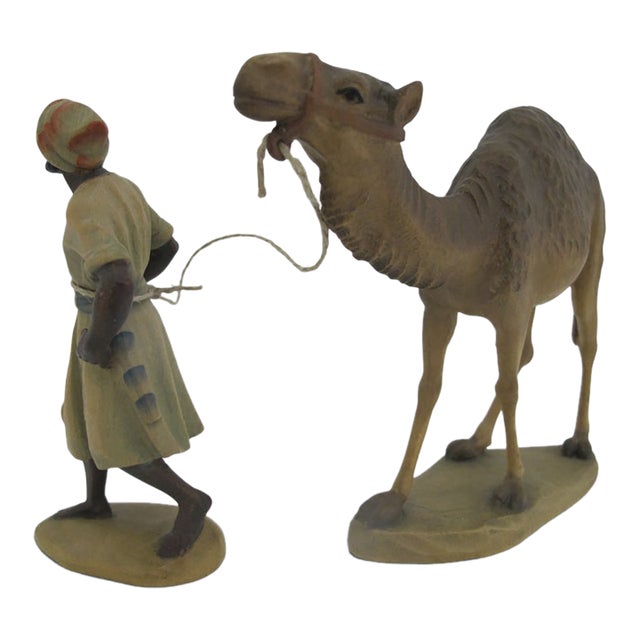 Anri Italy Karl Kuolt Camel & Guide Driver Wood Carved Nativity Figurine For Sale
