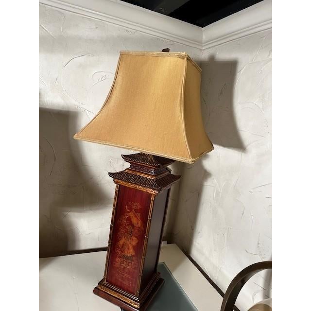 1 Wildwood Wooden Carved and Hand Painted Lamp, Pagoda Style, Asian Figure Drawing, Red with Gold Leaf Accents, Brass...