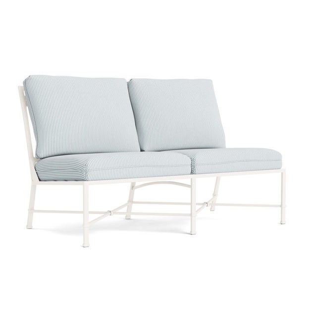 Brown Jordan Venetian Armless Loveseat in Chalk with Artic Stripe Cushions For Sale