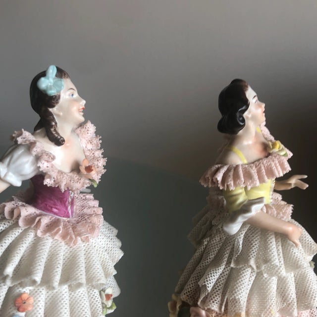 Textile 1940s Female Porcelain Figurines With Dresden Lace - a Pair For Sale - Image 7 of 10