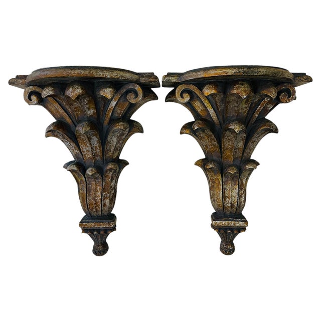 Vintage 1980s Gilded Wall Brackets Pair | Ornate Italian Style Acanthus Leaf Resin Corbels | Regency Hollywood Glam Wall Shelves Decor For Sale - Image 18 of 18