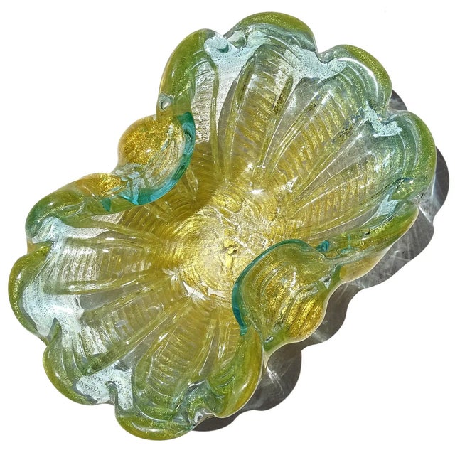 Barovier & Toso Vintage Murano Barovier Toso Aqua Green Rim Gold Flecks Ribbed Surface Italian Art Glass Decorative Bowl For Sale - Image 4 of 9