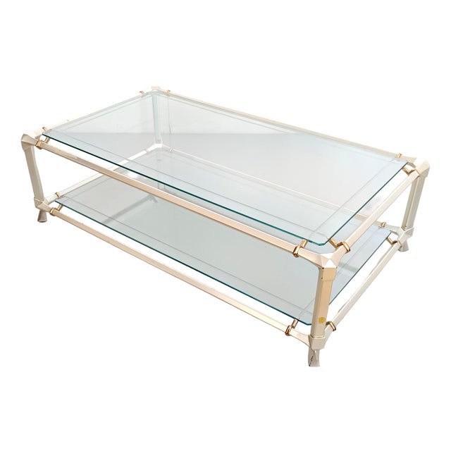 Rectangular Engraved Crystal and White Metal Coffee Table with Lower Shelf, 1990s For Sale