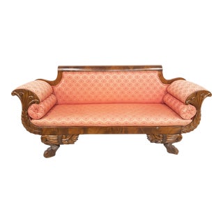 19th Century American Federal Mahogany Red Upholstered Sofa Couch For Sale