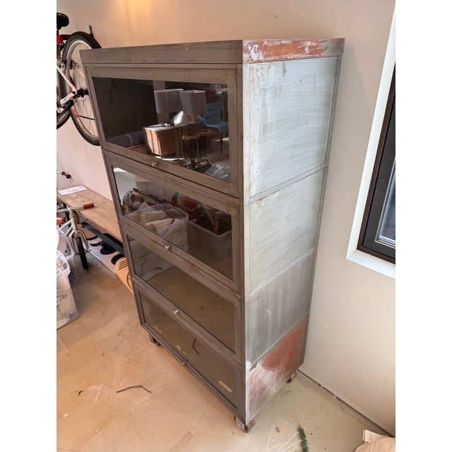 1970s Vintage Industrial Steel Barrister Cabinet on Casters With Glass Lift Doors For Sale - Image 5 of 6