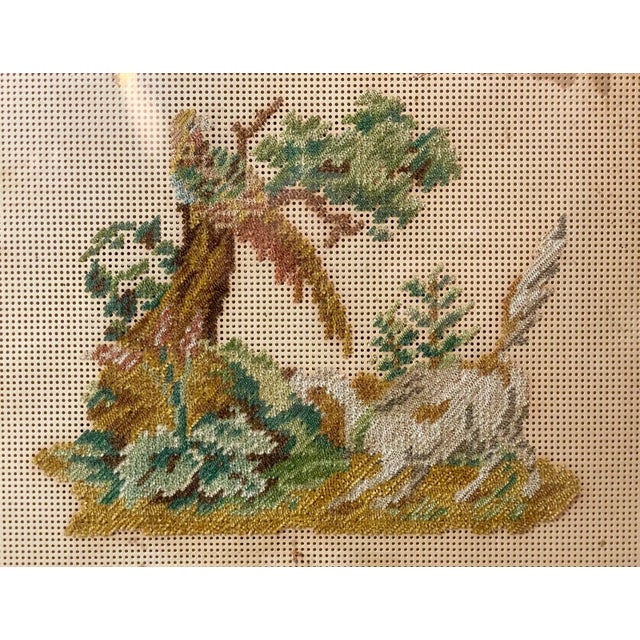 Victorian Antique 1800's European Figural Dog Bird Landscape Needlepoint Sampler Art Frame For Sale - Image 3 of 12