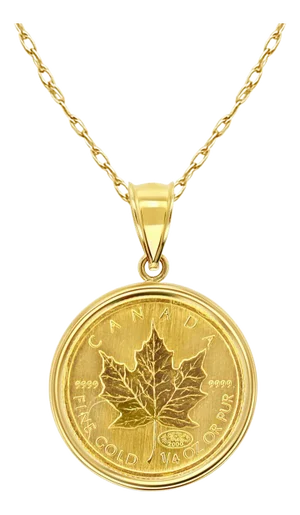 1/4OZ Fine Gold Canadian Maple Leaf Coin Necklace with Polished Bezel 16"