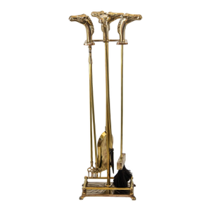 French Brass Horse Head Fireplace Tool Set Equestrian Hollywood Regency Style