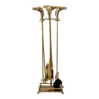 Vintage French Brass Horse Head Fireplace Tool Set, Jansen Style, 1940s For Sale