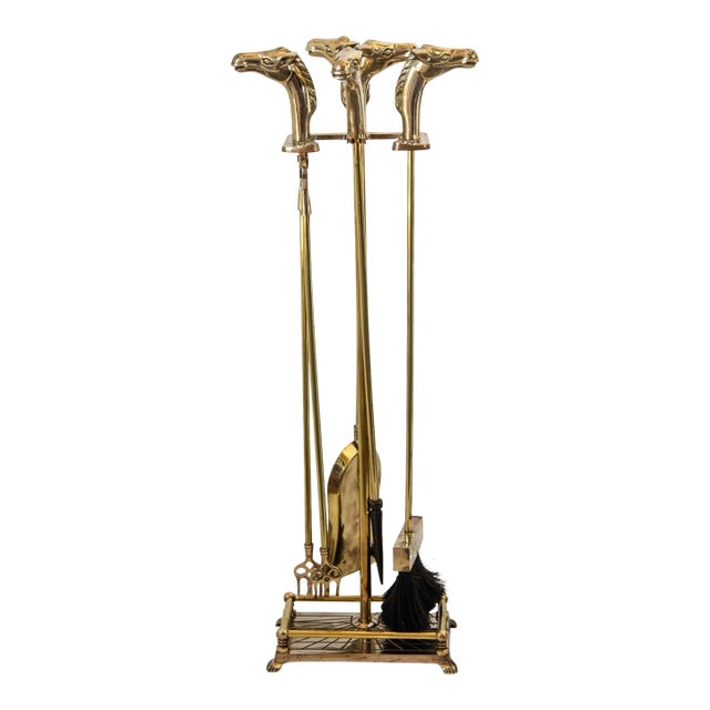 Vintage French Brass Horse Head Fireplace Tool Set, Jansen Style, 1940s For Sale