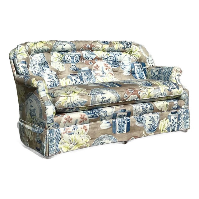 Vintage Regency Blue and White Vase Printed Loveseat For Sale