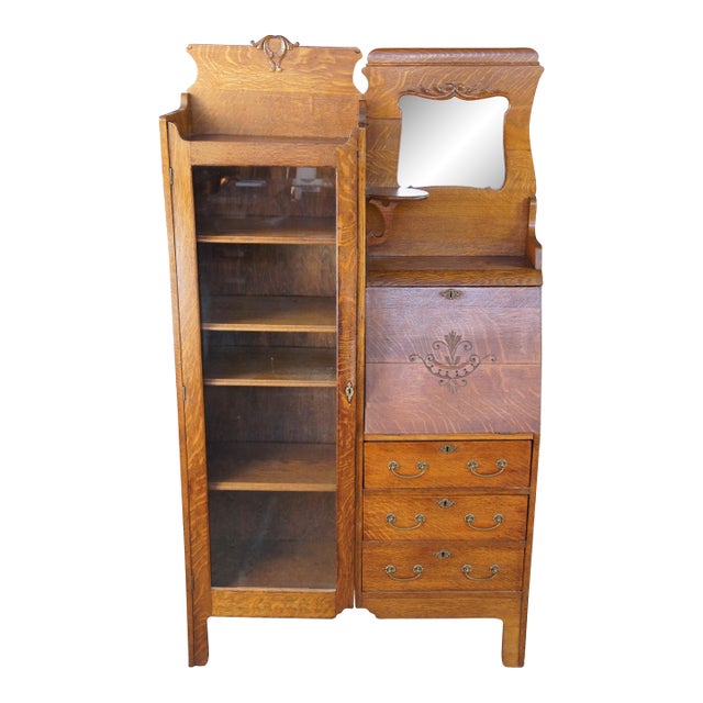 Antique Quartersawn Oak Side by Side Secretary Desk Bookcase Curio Cabinet For Sale