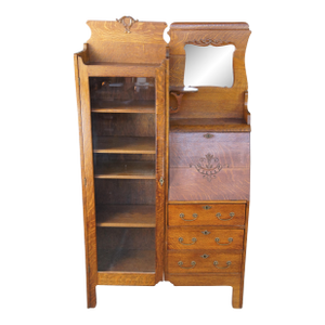 Antique Quartersawn Oak Side by Side Secretary Desk Bookcase Curio Cabinet