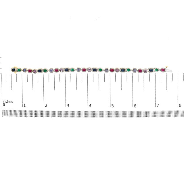 Early 21st Century 14K Yellow Gold Multi-Gemstone and Diamond Halo Rainbow Tennis Bracelet For Sale - Image 5 of 5