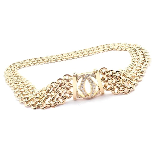 Gold 1990s Cartier Penelope Diamond Double C Three Row Yellow Gold Necklace For Sale - Image 8 of 17