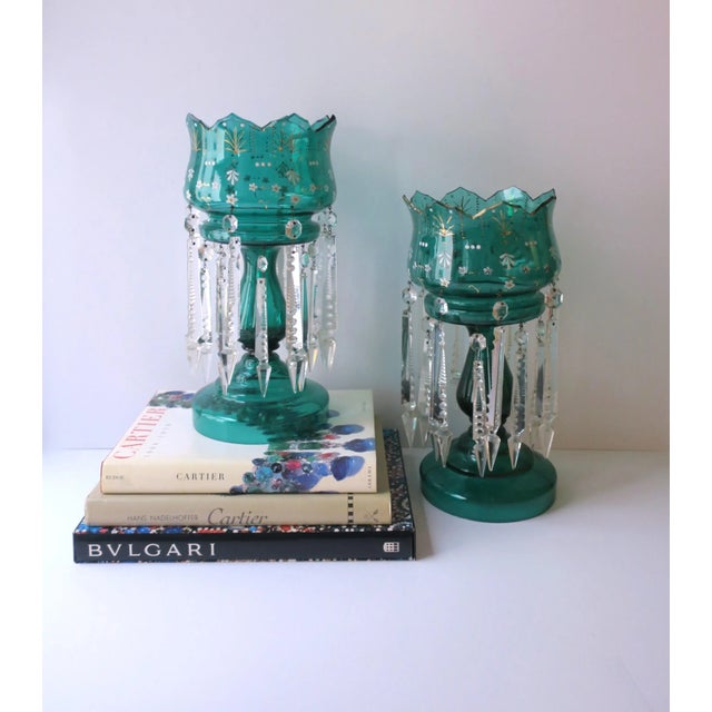 Victorian Emerald Green Bohemian Glass and Crystal Lusters Pair, Circa 19th C For Sale - Image 3 of 12