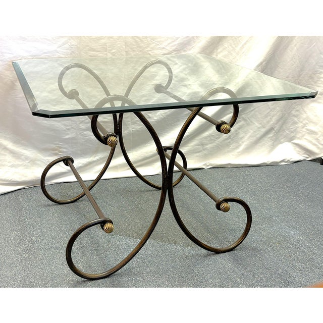 Vintage Scroll Wrought Iron and Brass Square Coffee Table With Beveled Glass Top For Sale - Image 4 of 18