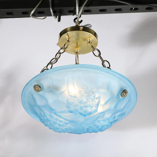 Metal Art Deco Frosted Blue Glass Chandelier W/ Brass Fittings Signed Roc by Degué For Sale - Image 7 of 12