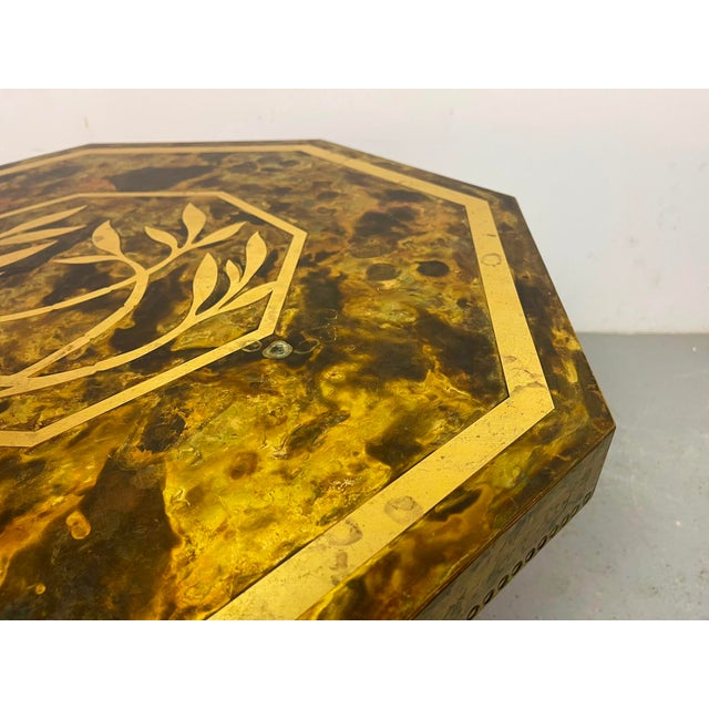 Exceptional Octagonal Brass and Burl Veneer Mid-Century Coffee Table, 1970s. A highly distinctive and sculptural octagonal...