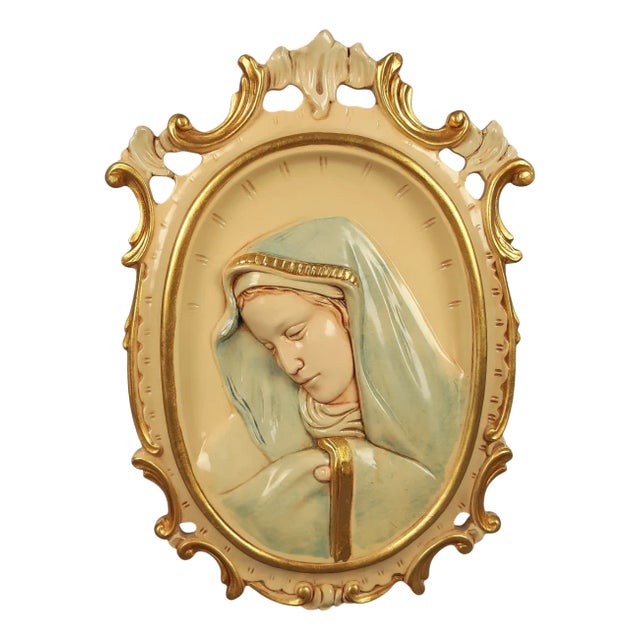 Sacred Madonna Icon Relief in Hand-Painted Lacquered Wood, 1970s For Sale