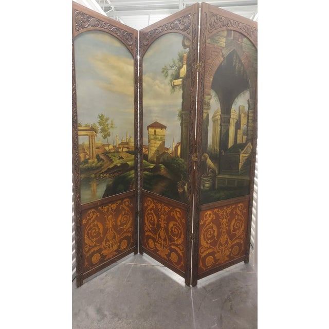 19th-Century Replica Three-Panel Folding Screen — Oil-Painted Italian Landscapes With Carved Walnut Frame & Marquetry Inlay For Sale In Raleigh - Image 6 of 10