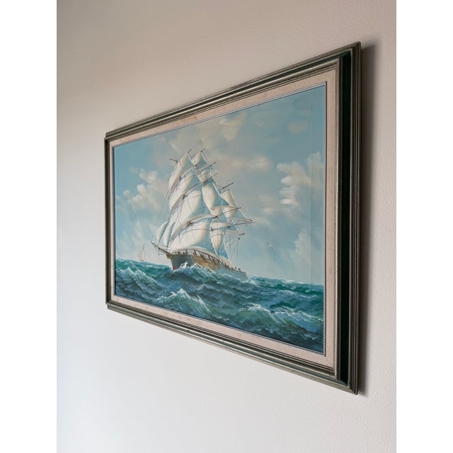 1970s Vintage Sailing Ship Seascape Oil on Canvas Painting, Framed For Sale - Image 4 of 12
