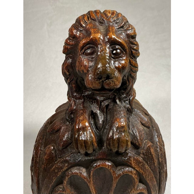Mid 19th Century Antique 19th-Century Carved Oak Lion Newel Post Finial For Sale - Image 5 of 12