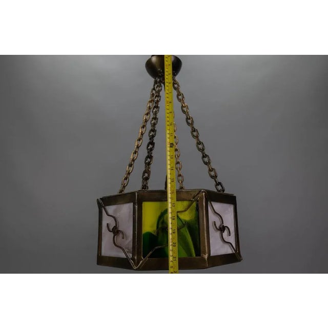 Mid-Century Octagonal Patinated Metal and Art Glass Pendant Light, Germany For Sale - Image 17 of 18