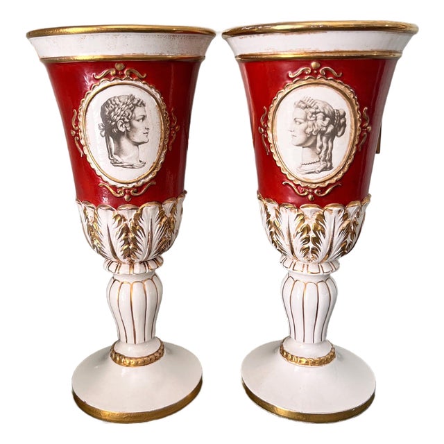 1960s Beautiful pair of Italian ceramic vases // cameo // classical design // gilt rim // ceramic planter // Roman busts // intaglio style For Sale