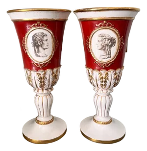 1960s Beautiful pair of Italian ceramic vases // cameo // classical design // gilt rim // ceramic planter // Roman busts // intaglio style