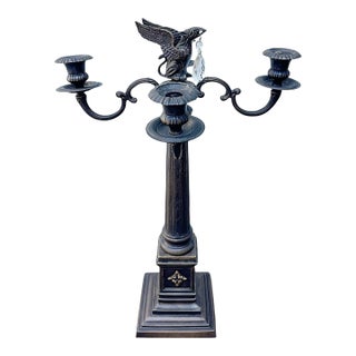 Vintage Neoclassical Gothic Bronze Candelabra With Griffin Finial & Crystal For Sale