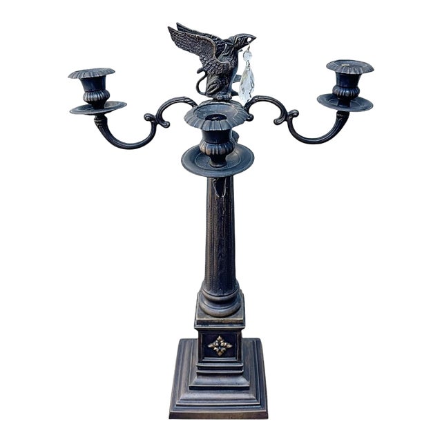 Vintage Neoclassical Gothic Bronze Candelabra With Griffin Finial & Crystal For Sale