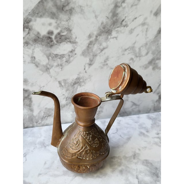 1960s Handcrafted Copper Coffee Pot Etched Middle Eastern For Sale - Image 4 of 17