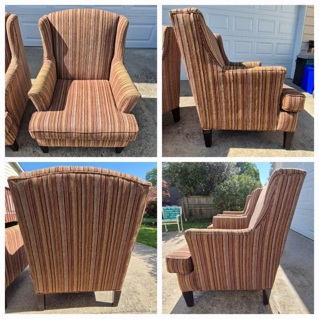 Wood 2010 Stratford Caye Large-Scale Modern Wingback Arm Chairs Brown Striped Upholstery - A Pair For Sale - Image 7 of 10