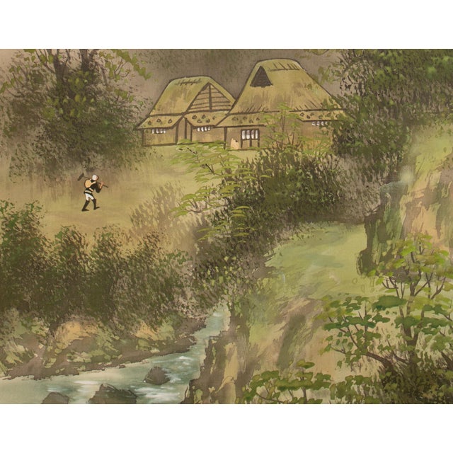 Avocado 1920s Taisho to Early Showa Era Japanese Watercolor Scroll Painting, "Landscape With River" For Sale - Image 8 of 12