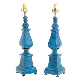 Modern Blue Painted Ceramic Table Lamps, Pair For Sale