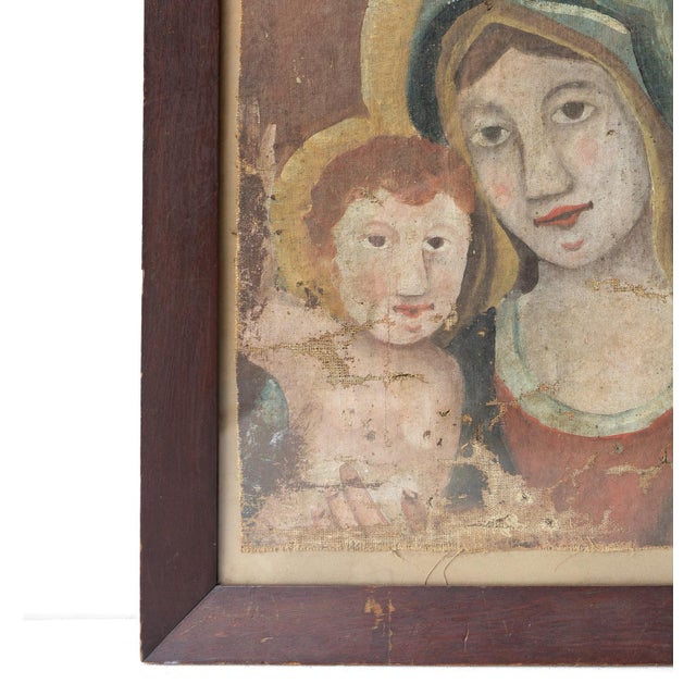 Portraiture Early Naive School Madonna and Child, Original Antique Oil Painting, 18th Century, Framed For Sale - Image 3 of 8