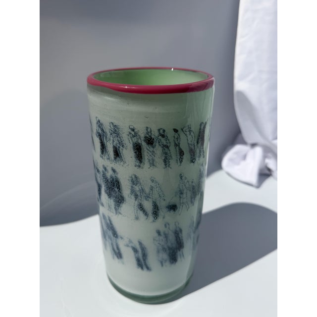 Unique Art Glass Vase With Graal Technique Drawings and Pink Rim For Sale - Image 13 of 14