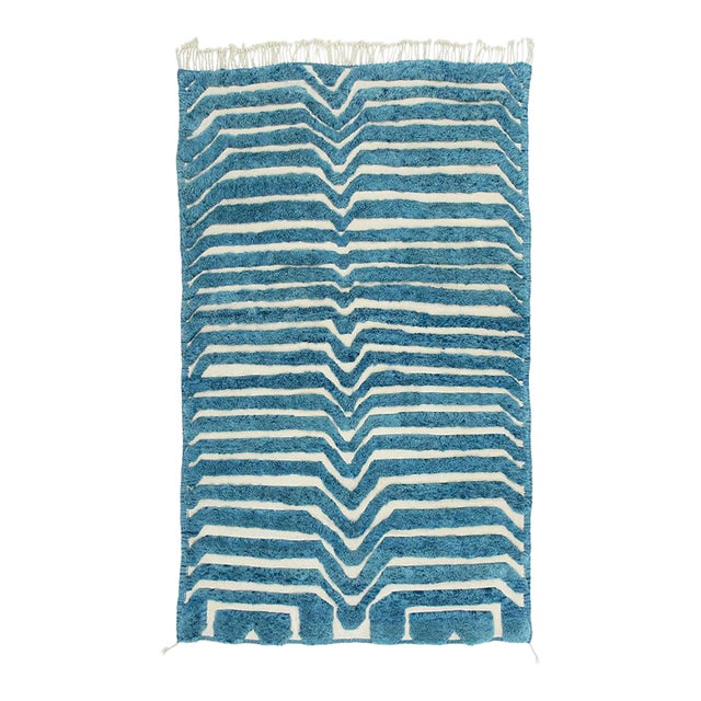 Striped Chevron Hand-Knotted Moroccan Wool Rug | 10'6" X 6'5" | One of a Kind For Sale