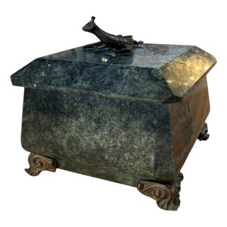 Antique Green Marble Box With Bronze Accents and Animal Finial For Sale