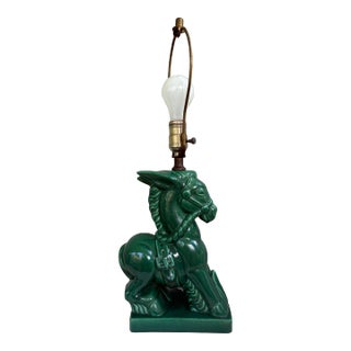 Vintage Emerald Green Glazed Ceramic Donkey Table Lamp – Art Deco Style – 22” Tall For Sale