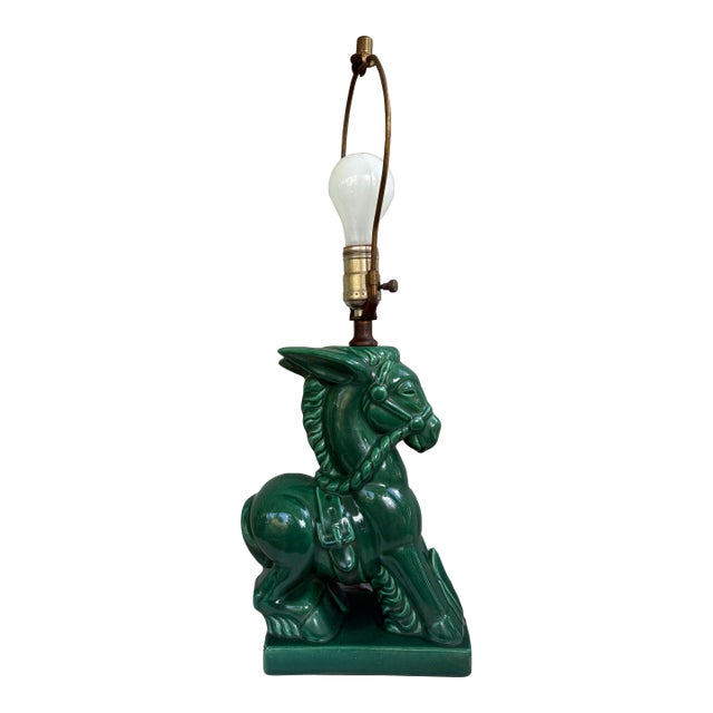 Vintage Emerald Green Glazed Ceramic Donkey Table Lamp – Art Deco Style – 22” Tall For Sale