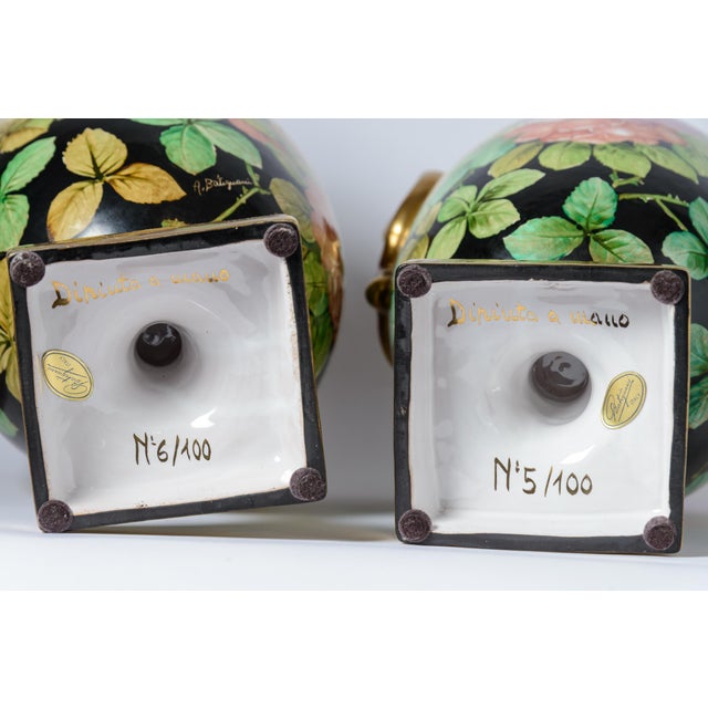 Pair Very Tall Hand Painted Vintage Italian Ceramic Urns, Artist Signed For Sale - Image 11 of 12
