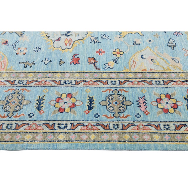 10x14 Modern Oushak Style Hand-Knotted Wool Area Rug in Sky Blue With Terracotta For Sale In New York - Image 6 of 12