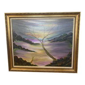 Vintage Contemporary Minimalist Tree and Landscape Oil Painting Signed by Raua 1983